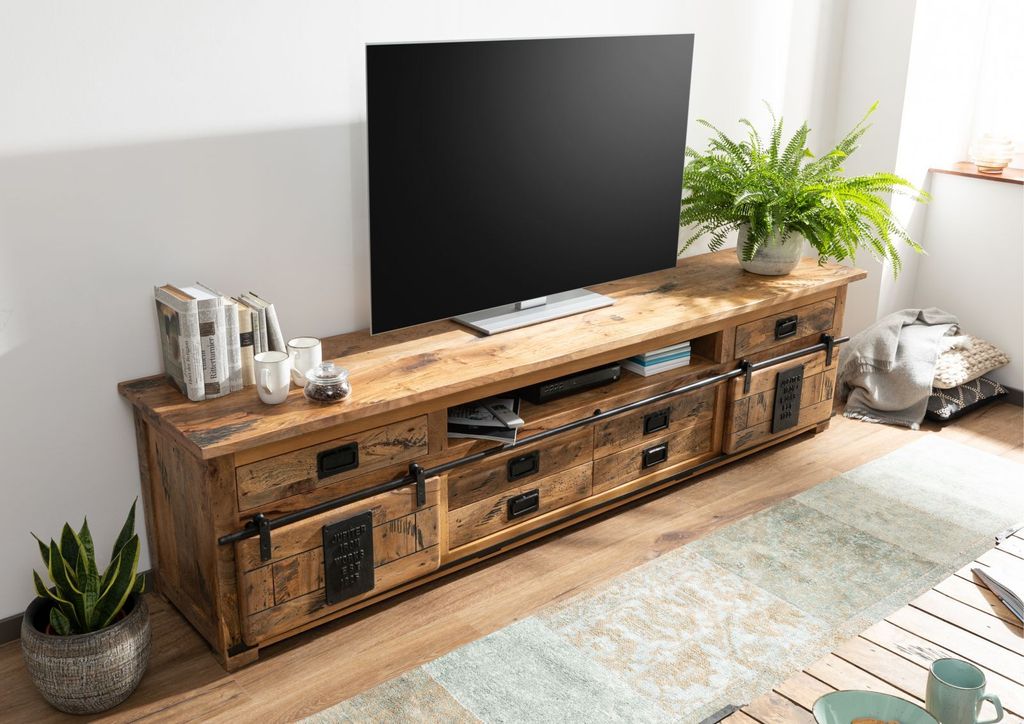 MASSIVMOEBEL24 TV-Board Mango 240x50x60 natur lackiert RAILWAY #156