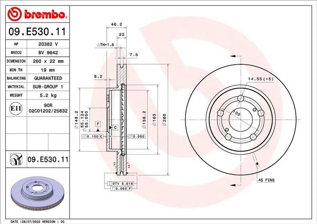 Disque de Frein Avant Brembo 09.E530.11 Haute Qualité pour Yaris