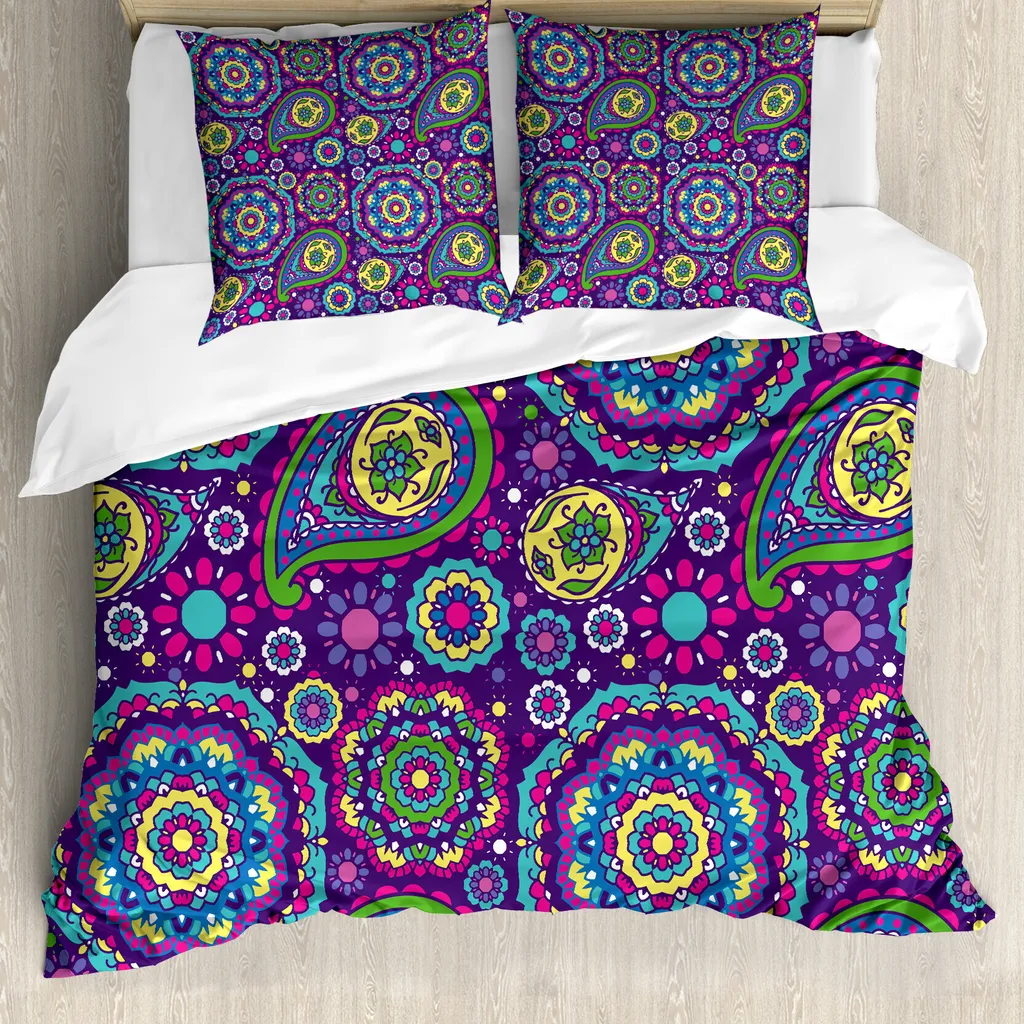 ABAKUHAUS Copripiumino Mandala viola, tonalità vivaci Boho, antiacaro, adatto a chi soffre di allergie, con federe, 155 cm x 220 cm - 80 x 80 cm, multicolore