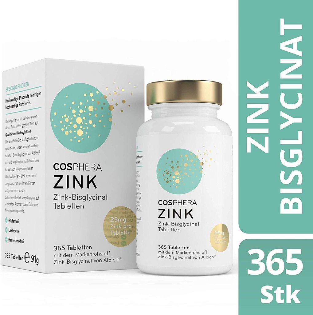 Cosphera - Zink Hochdosiert 25mg Zink-Bisglycinat - 365 vegane Tabletten