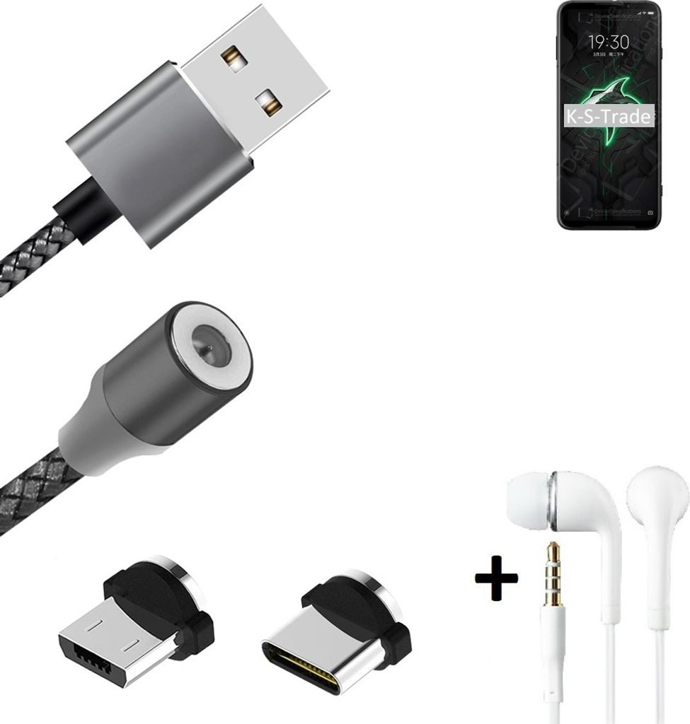 K-S-Trade Hochwertiges Magnet-Lade-kabel Sync-Kabel Daten-Kabel + Kopfhörer kompatibel mit Xiaomi Black Shark 3 mit USB-Typ-C-Anschluss und