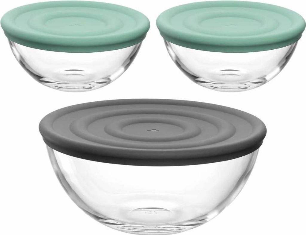 LEONARDO CUCINA, Schüssel-Set, Rund, Glas, Transparent, Mehrfarbig, Silikon