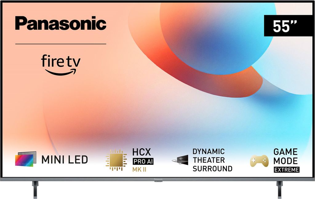 A marketing image for a Panasonic 55-inch TV, showcasing its features.