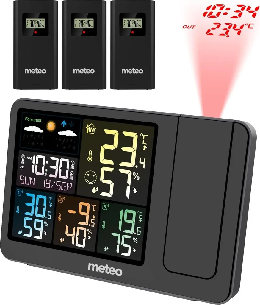 Station météo projecteur laser DCF avec 3 capteurs extérieurs sans fil