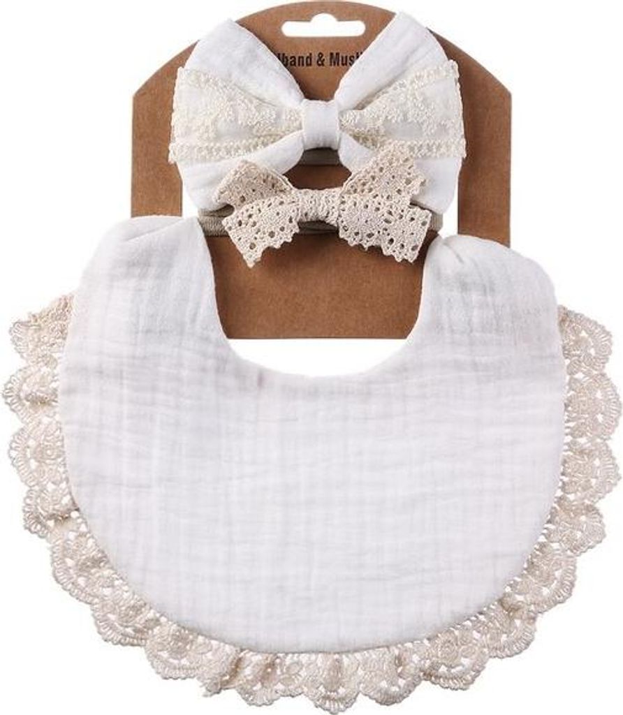 Wendbares Lätzchen und Stirnband-Set mit Schleife im Vintage-/Boho-Stil, Musselin-Lätzchen mit Spitzenbesatz