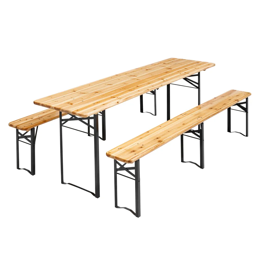 Table de fête en pin massif 218 cm et bancs pliables Oviala Munich