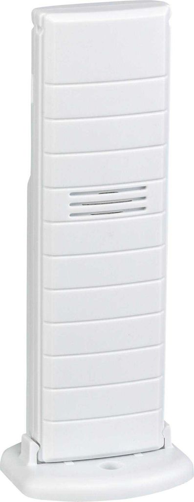 A white TFA Dostmann 30.3156.WD temperature transmitter is shown standing on a white base against a white background.