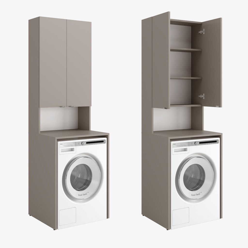 Two identical laundry cabinets with washing machines, one with closed doors and one with open doors, against a white background.