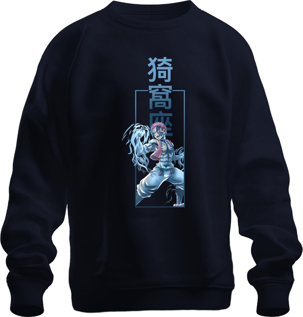 Akaza Dämonenkrieger Anime Kampfkunst Blaue Streifen Japan Y2K Streetwear Uni Sweatshirt Pullover, Navy, XXL