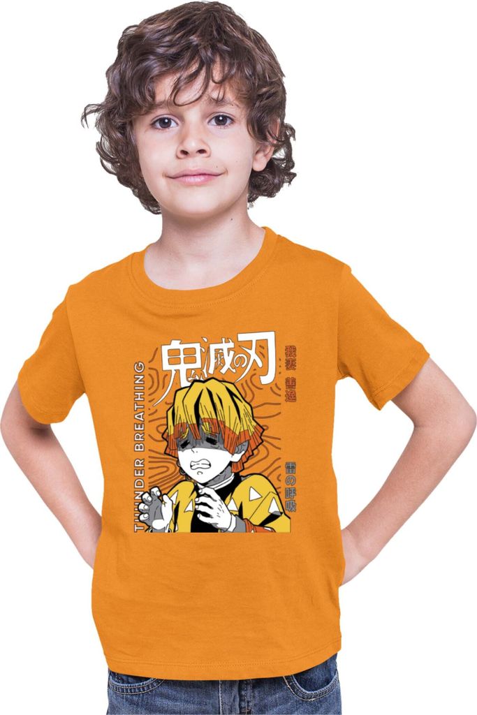 Kinder T-Shirt Demon Anime Slayer Kimetsu No Yaiba Zenitsu Agatsuma 002, 3-4 Jahr - 104 / Orange