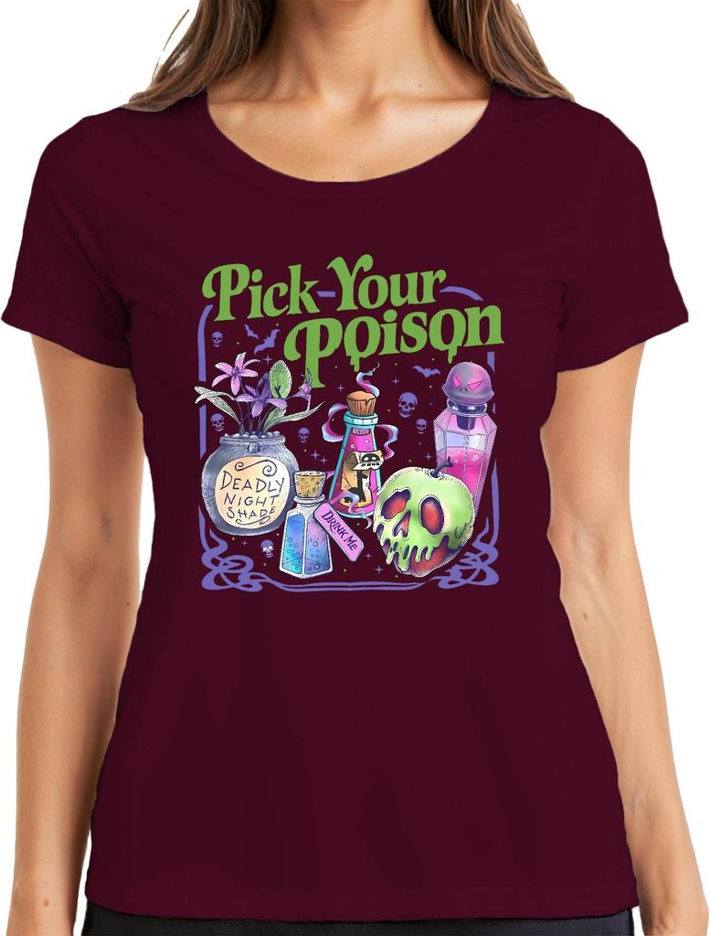 Pick Your Poison Halloween Gift Apfel Totenkopf Fläschchen Hexe Damen T-Shirt, Burgundy, M