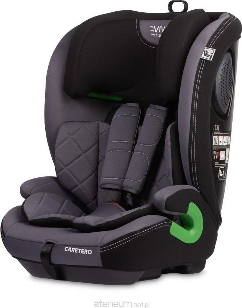 A studio shot of a gray and black child's car seat with green accents.