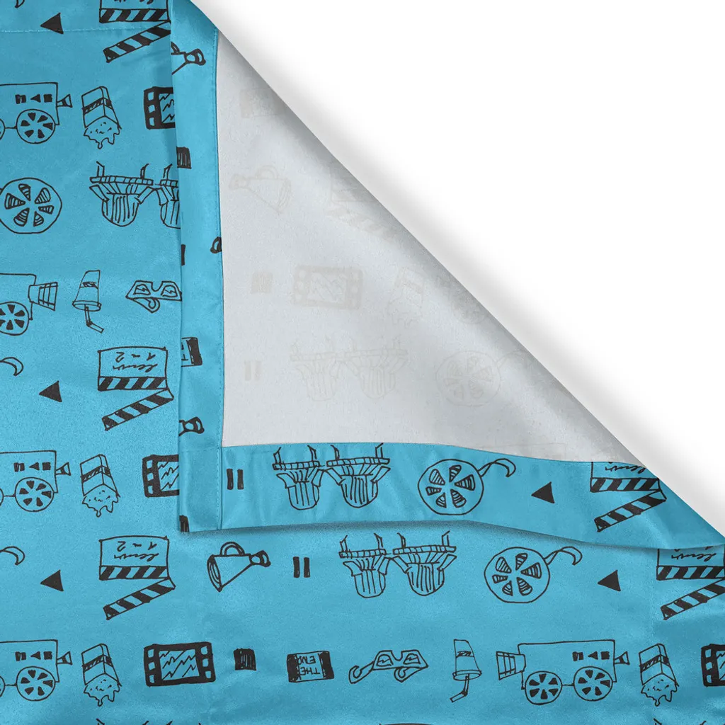 ABAKUHAUS Tenda con occhielli blu e nera, iconografie cinematografiche e teatrali scarabocchiate, macchina fotografica, sedie, popcorn, valvola a cerniera, tende decorative a 2 pannelli, 280 cm x 175 cm, azzurro e nero - 6