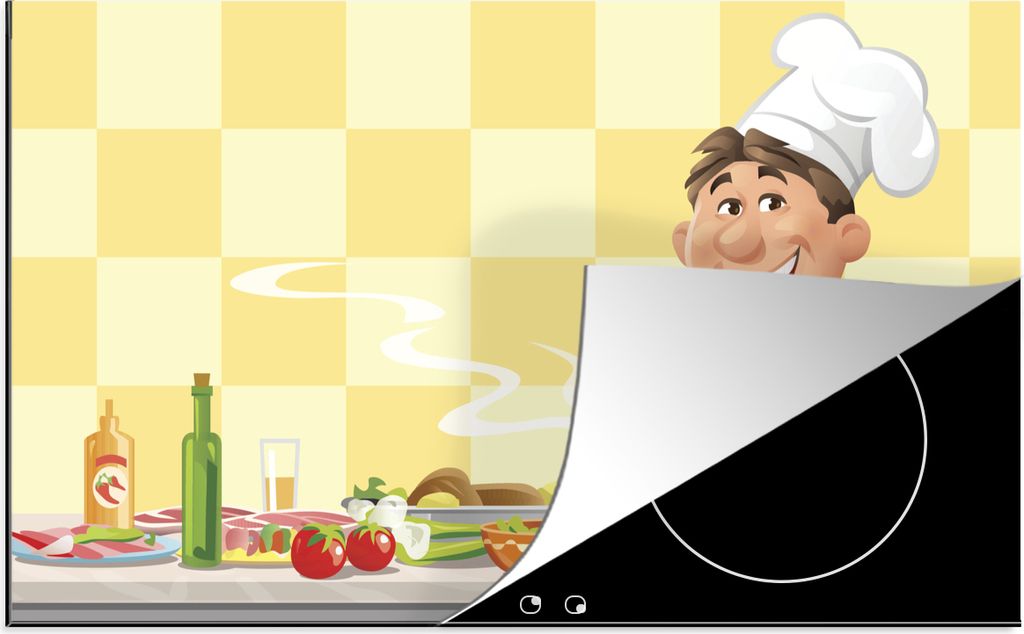 KitchenYeah Herdabdeckplatte Eine Illustration eines Kochs in der Küche , 90x52cm, Küche Deko, Glaskeramikfeld Herdabdeckung, Abdeckplatte fùr...