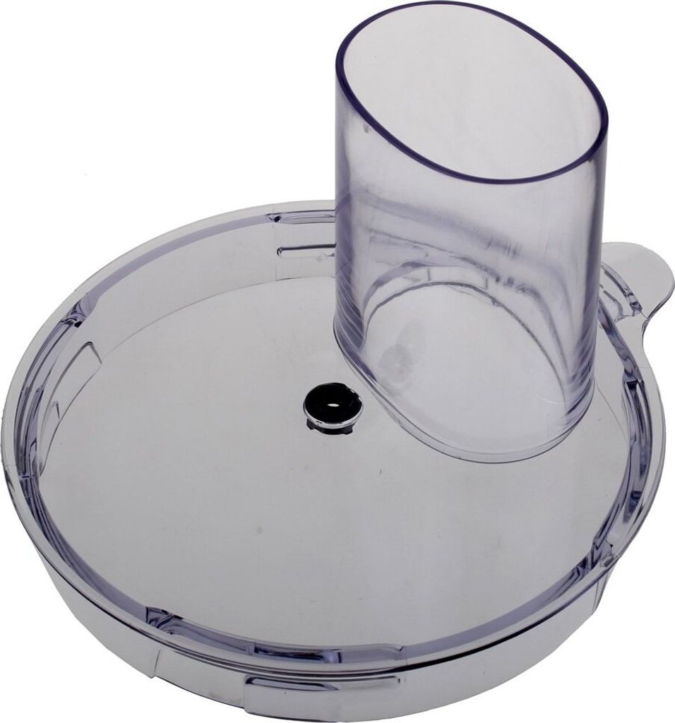 A clear, isolated shot of a food processor lid with a feed tube.
