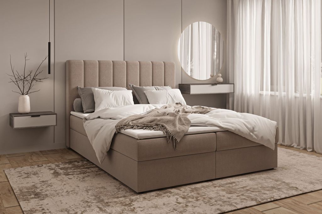 Kontinentalbett aus Samt, Polsterbett, Boxspringbett, dekorativem Kopfteil Doppelbett mit Bonell-Matratze, Topper und Bettkasten (gepolstertes Kopf...