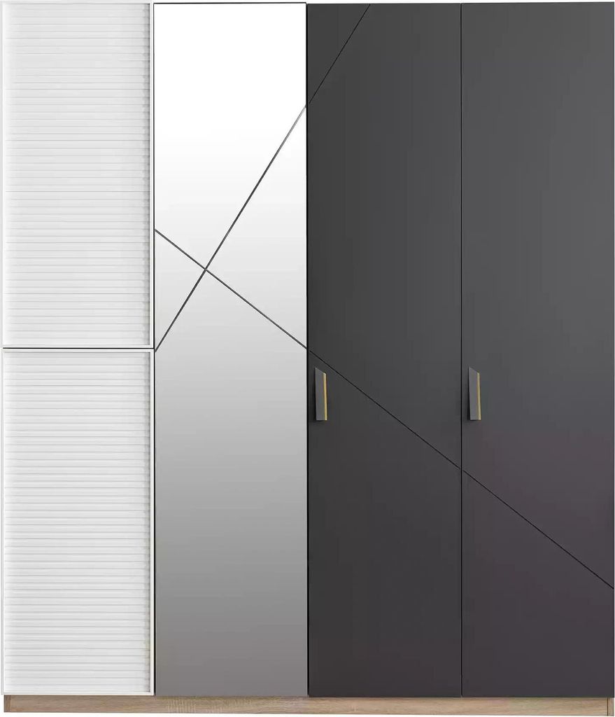 Kleiderschrank 4 Türen Moden Schrank Holz Grau Spiegel Kinderzimmer