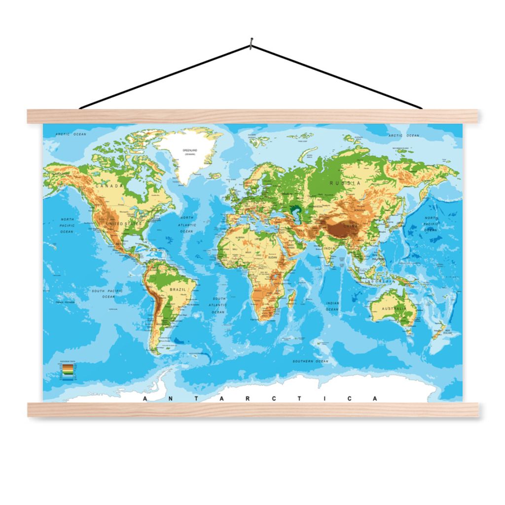 MuchoWow Textilposter Weltkarte - Atlas - Farben - Kinder - Jungen - Mädchen 60x40 cm mit holzfarbenen Rahmen - Bilder