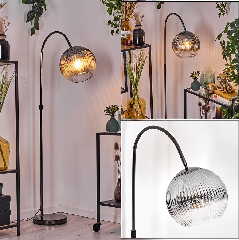 Cesaro Stehlampe Metall/Riffelglas in Schwarz/Chrom/Rauch/Klar, Retro-Design