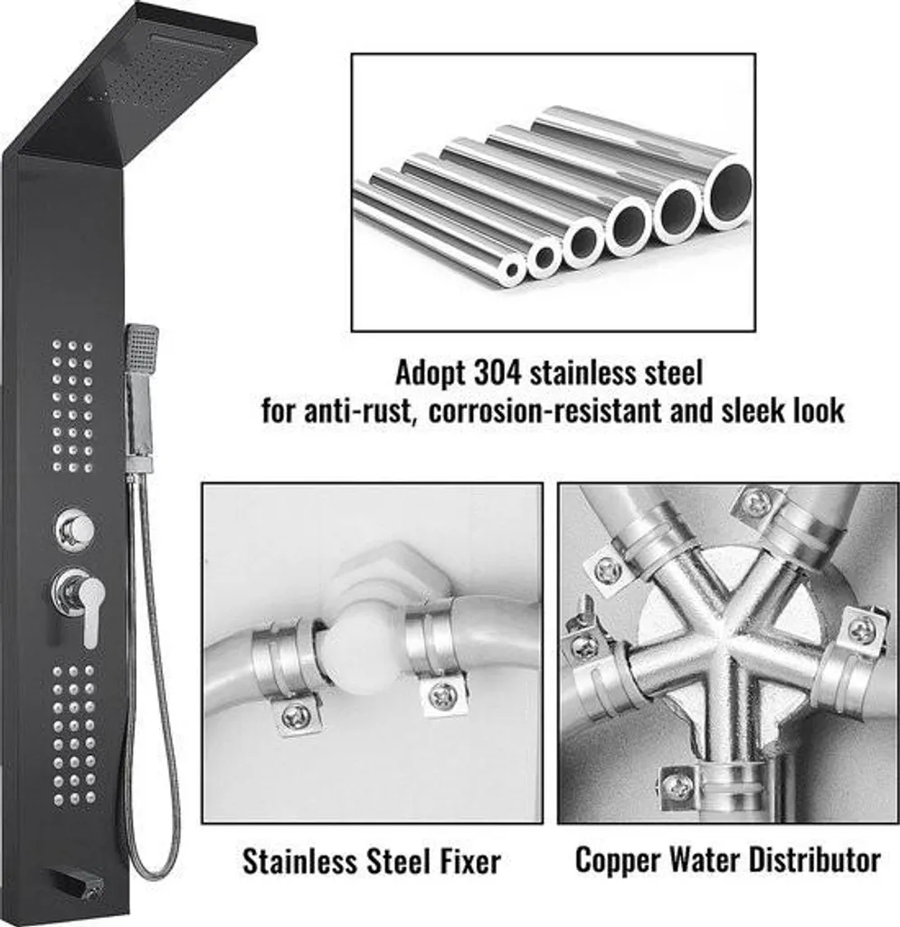 Panneau de Douche Hydromassant Noir à LED - Ensemble Complet Cascade Spa - 3