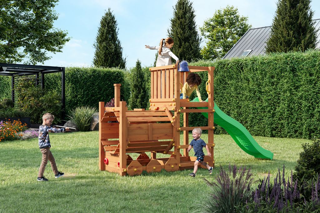 Fungoo Loco Spielturm mit Rutsche, Doppelschaukel, Kletterseil und großer Plattform