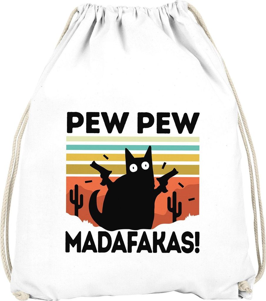 Turnbeutel Pew Pew Madafakas! schwarze Katze Spruch Meme lustig Gymbag Moonworks weiß unisize