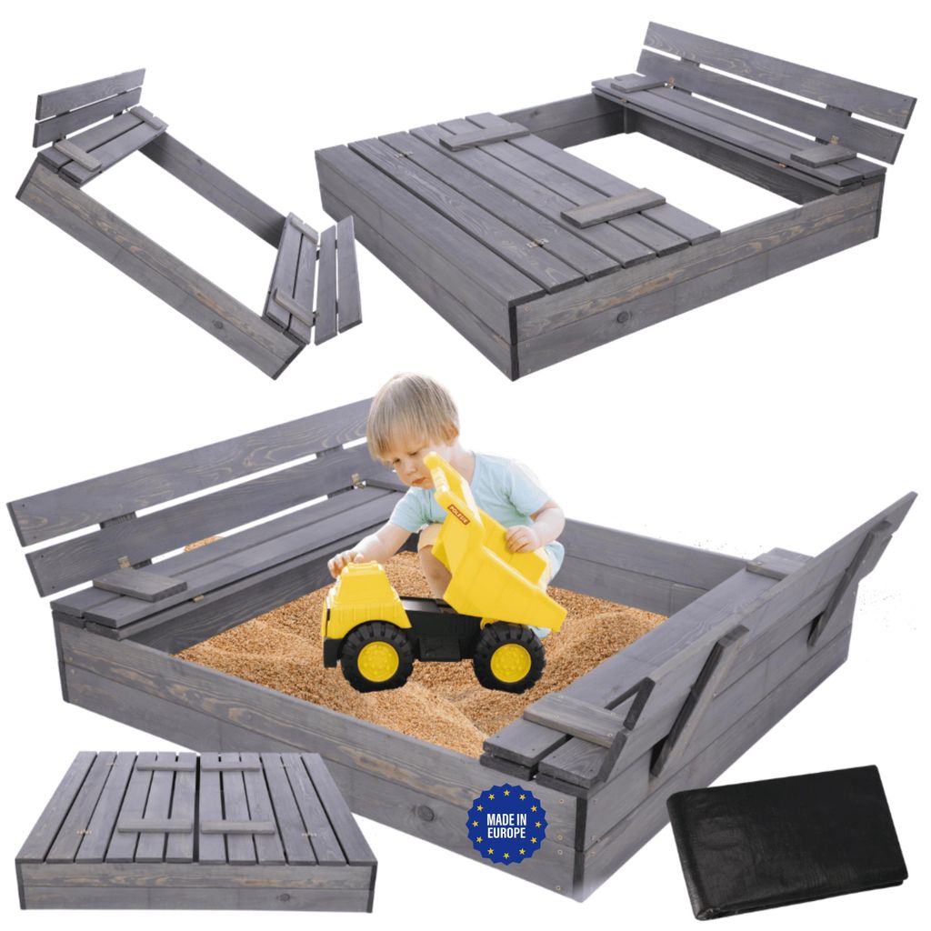 MODO24 Sandkasten Holz, mit Deckel, Sitzbänken, Holzsandkasten, Kinder Gartenspielzeug, Outdoor, 120x117 cm, Grau Imprägniert, PIA