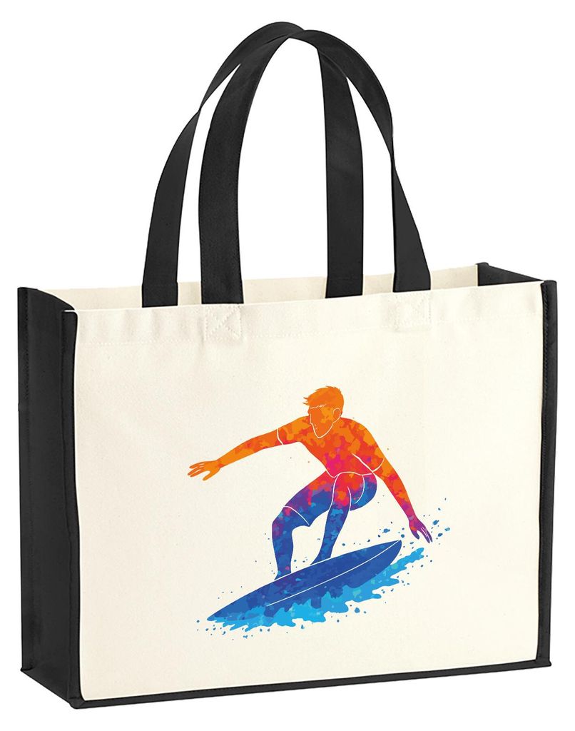Huuraa Jutetasche Surfen bunte Silhouette 21 Liter Black Jute und Baumwolle Einkaufstasche Geschenkidee