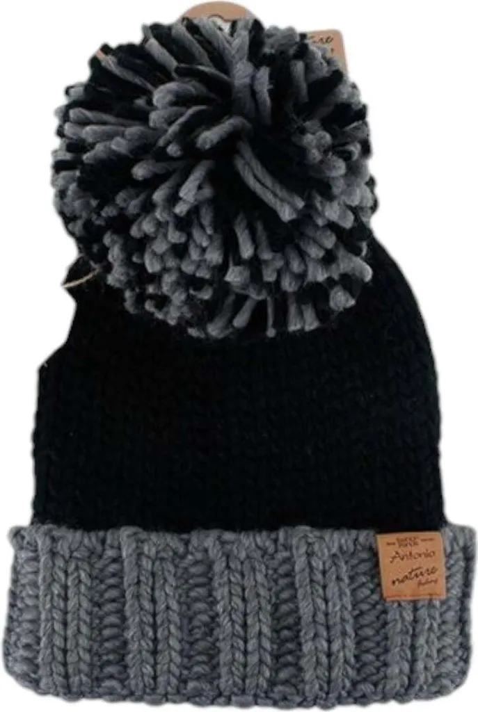 Cappello Donna Emma Nero Pompon: Caldo Berretto Lana Maglia Grossa