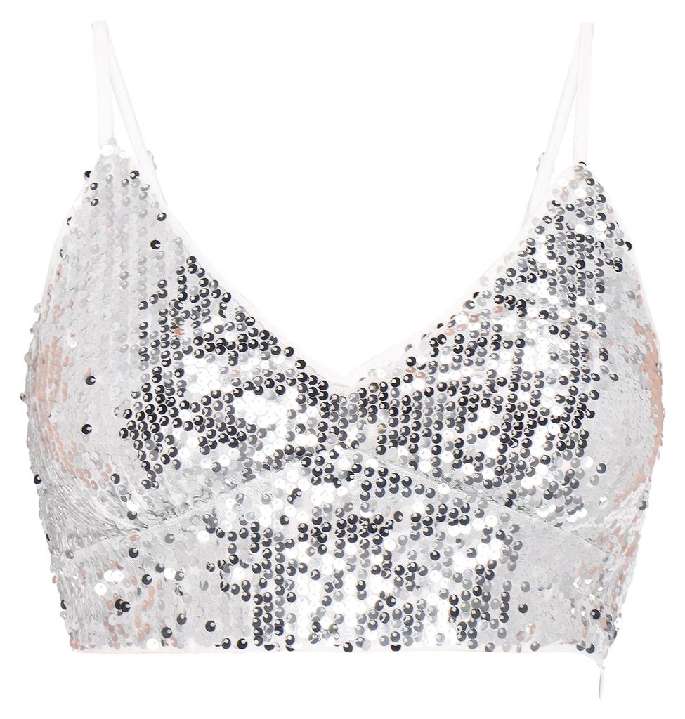 Damen Top in Silber mit V-Ausschnitt und Pailletten-Mesh, Größe S