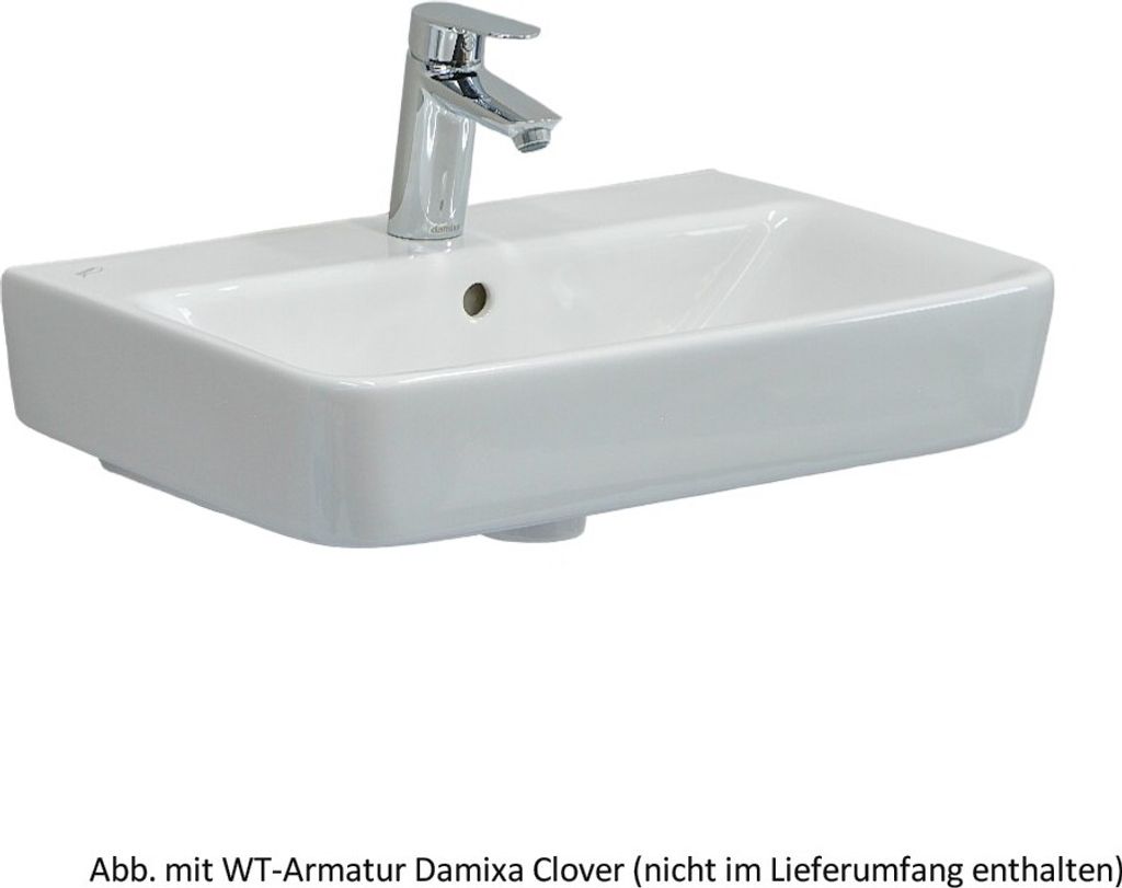 A white ceramic sink with a chrome faucet is shown against a white background.