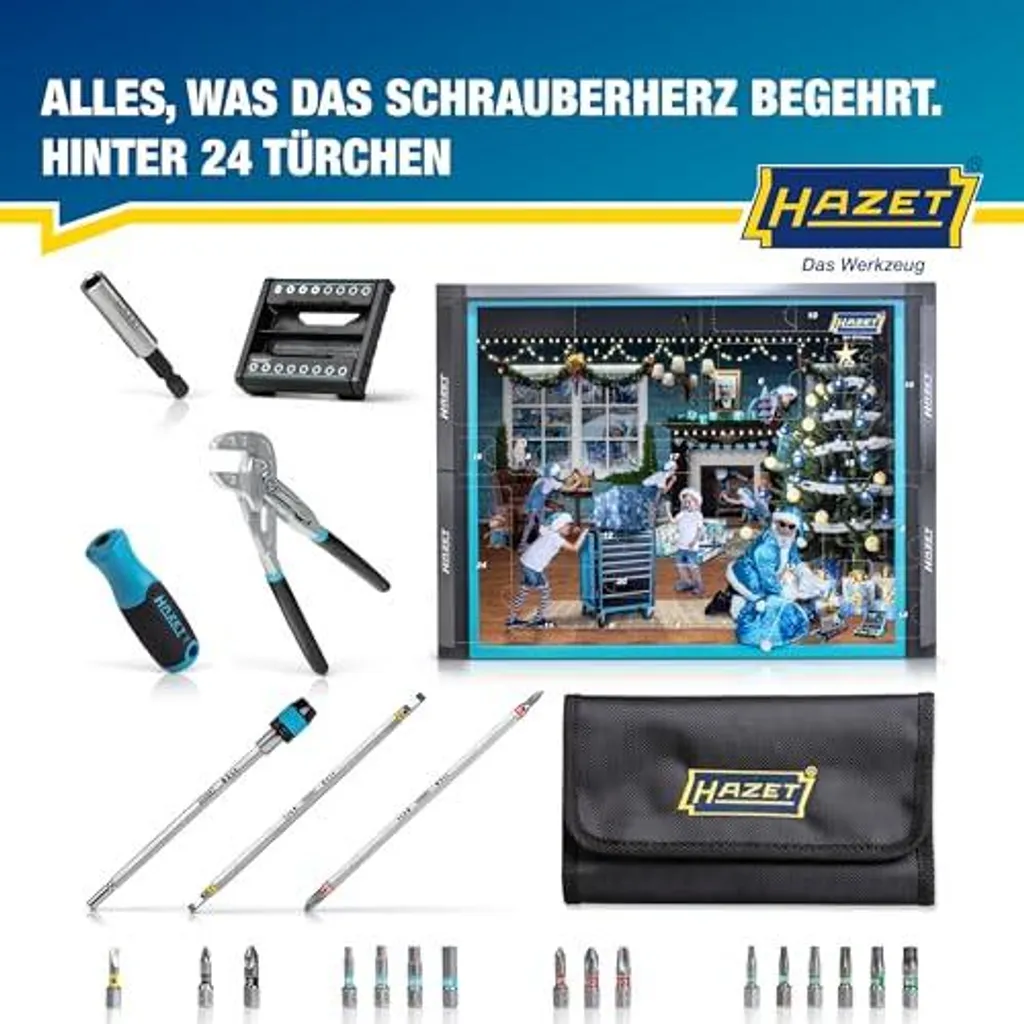 HAZET Calendrier De L’Avent 2024 – 24 Outils Premium Avec Sac Banane, 16 Embouts, Clé à Pince 150 Mm, Cadeau De Noël