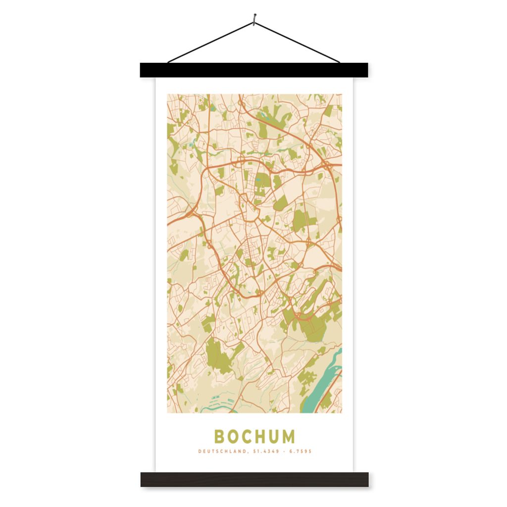 MuchoWow Textilposter Karte - Bochum - Karte - Vintage - Stadtplan 40x80 cm mit schwarzem Rahmen - Wandemalerei