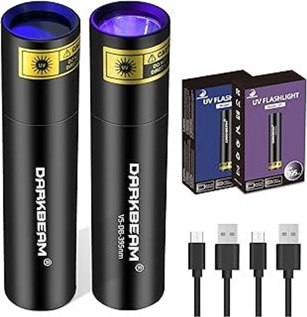 Torcia DARKBEAM UV 365 nm luce nera e 395 nm luce ricaricabile USB, mini luce LED ultravioletta Woodsche Lamp, torce a luce nera per urina di animali domestici, vetro urinario, resina indurente, 2 pezzi