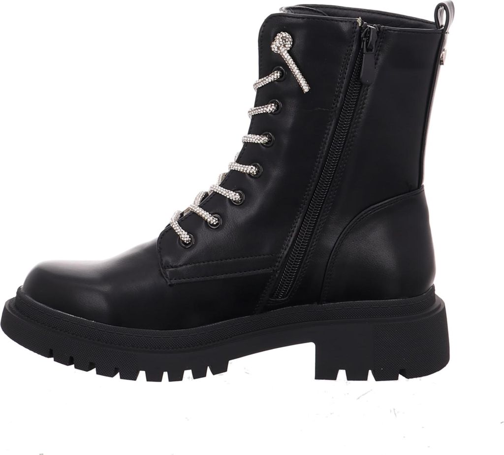 A black lace-up boot with a thick sole and decorative laces.