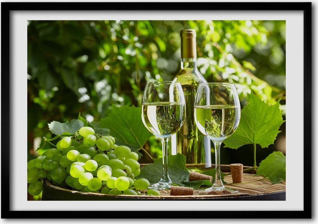Bild - Bilder - Bilderrahmen - 70 cm x 50 cm - MDF-Rahmen, Wandkunst Weißwein und Obst