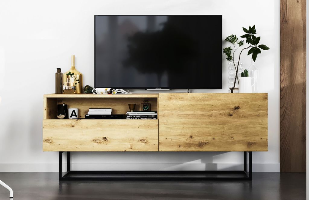 TV-Schrank Enjoy TV-Lowboard Loft Style Schwarze Metall Fußgestell Modern Lindner Möbel 120cm x 46cm x 35cm Farbe: Eiche artisan matt
