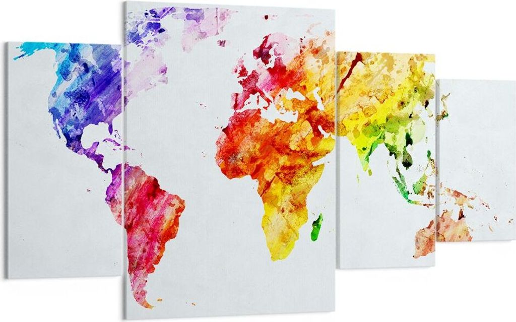 Bild auf Leinwand - Leinwandbild - Welt Karte Bunt Kontinente - 160x90cm - Wand Bild - Wanddeko - Leinwanddruck - Bilder - Kunstdruck - Wanddekorat...