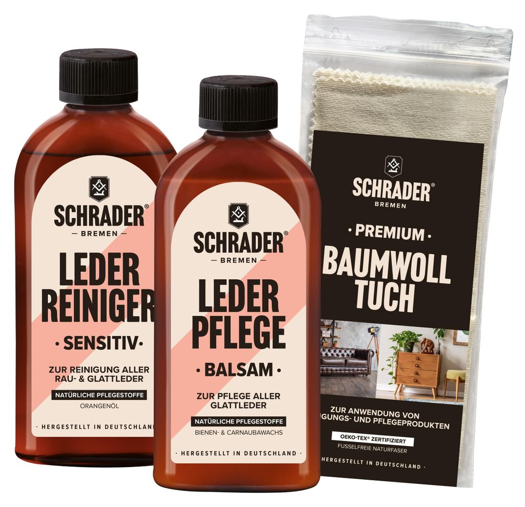 SCHRADER Lederpflege Set - 2x250ml - Reiniger, Balsam und Produktbild 