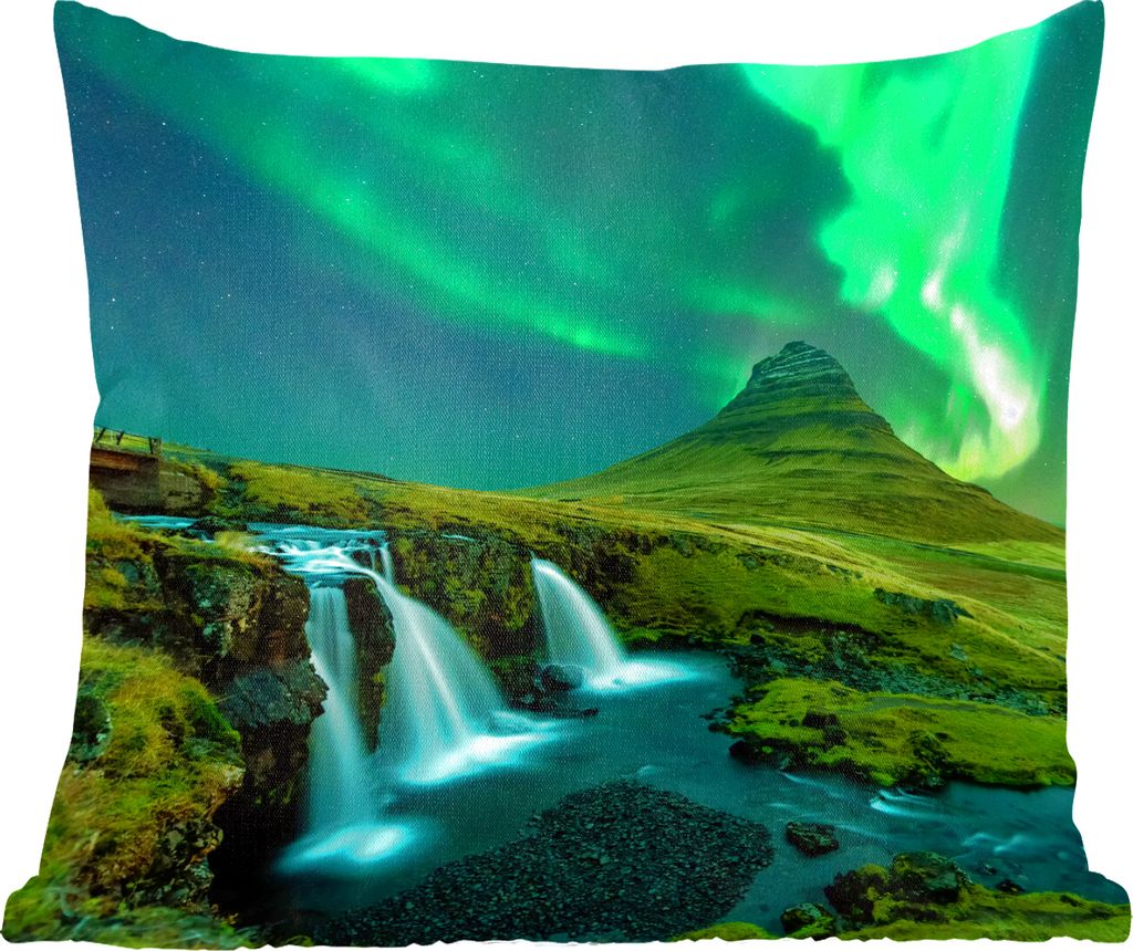 MuchoWow Zierkissen Sofakissen Wohnzimmer Dekokissen 60x60 cm Nordlichter - Wasserfall - Berg - Island - Sitzfläche - Foto Polster