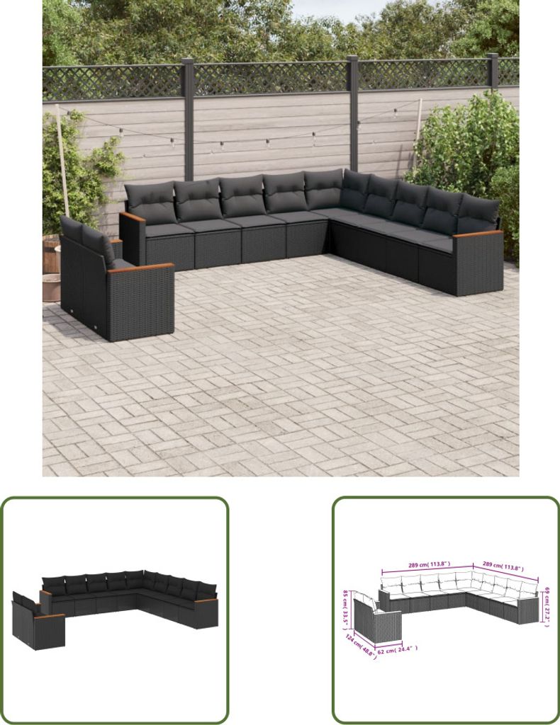 The Living Store 11-tlg. Garten-Sofagarnitur mit Kissen Schwarz Poly Rattan