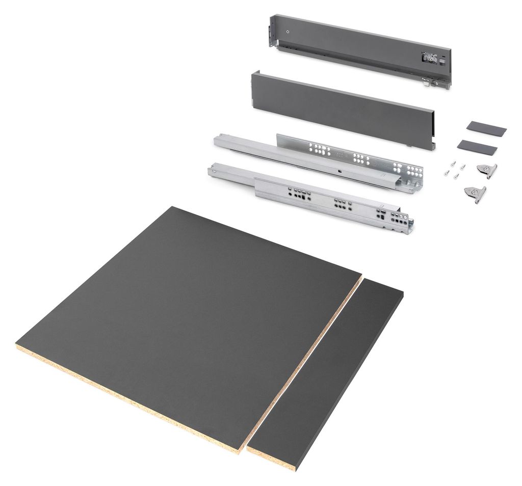 Emuca Schubladegarnitur Vertex für Küche oder Badezimmer mit 3D-Verstellung, Höhe 93 mm, mit Spanplatten, Modul 600 mm, Anthrazitgrau