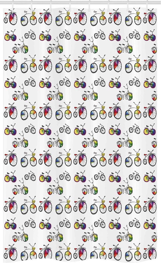 ABAKUHAUS Fahrrad Schmaler Duschvorhang, Hochrad Tandem, Badezimmer Deko Set aus Stoff mit Haken, 120 x 180 cm, Mehrfarbig