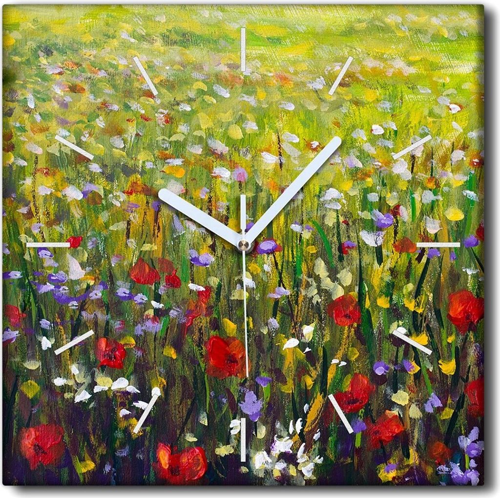 Coloray Uhr auf Leinwand 30x30 cm Wand Uhr Dekoration Wohnzimmer Segeltuch weiße Zeiger -Maki Flowers Meadow Field