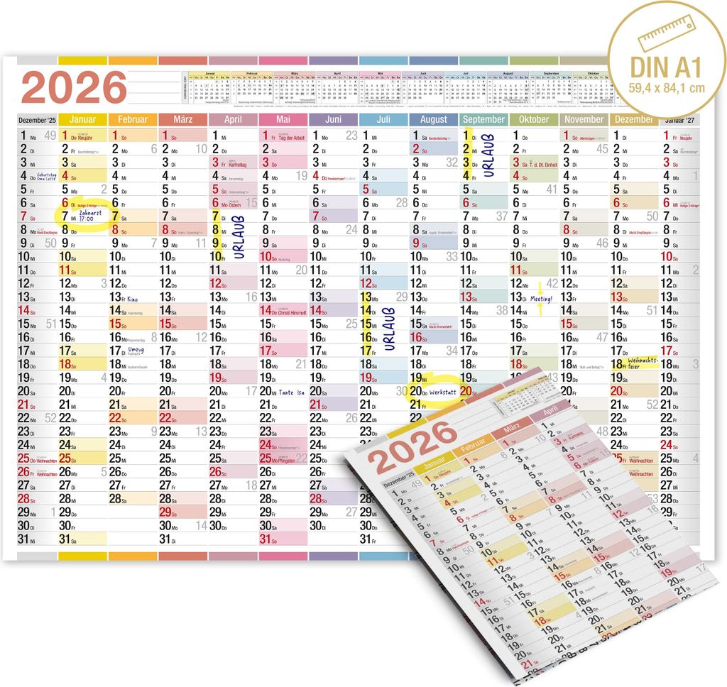 A1 Wandkalender 2026 XXL – Bunter Jahresplaner für Büro & Homeoffice – 14 Monate – Großformat 59x84 cm – Kalender 2026 Wandkalender DIN ...