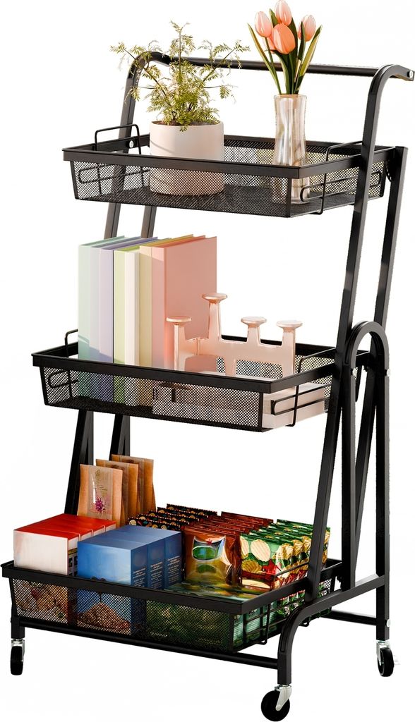 3-Tier faltbare Lagerregale mit Rollen, bewegliches freistehendes Metall-Lagerregal mit, Obst-Gemüse-Lagerkorbwagen, 90-180 Grad drehbar