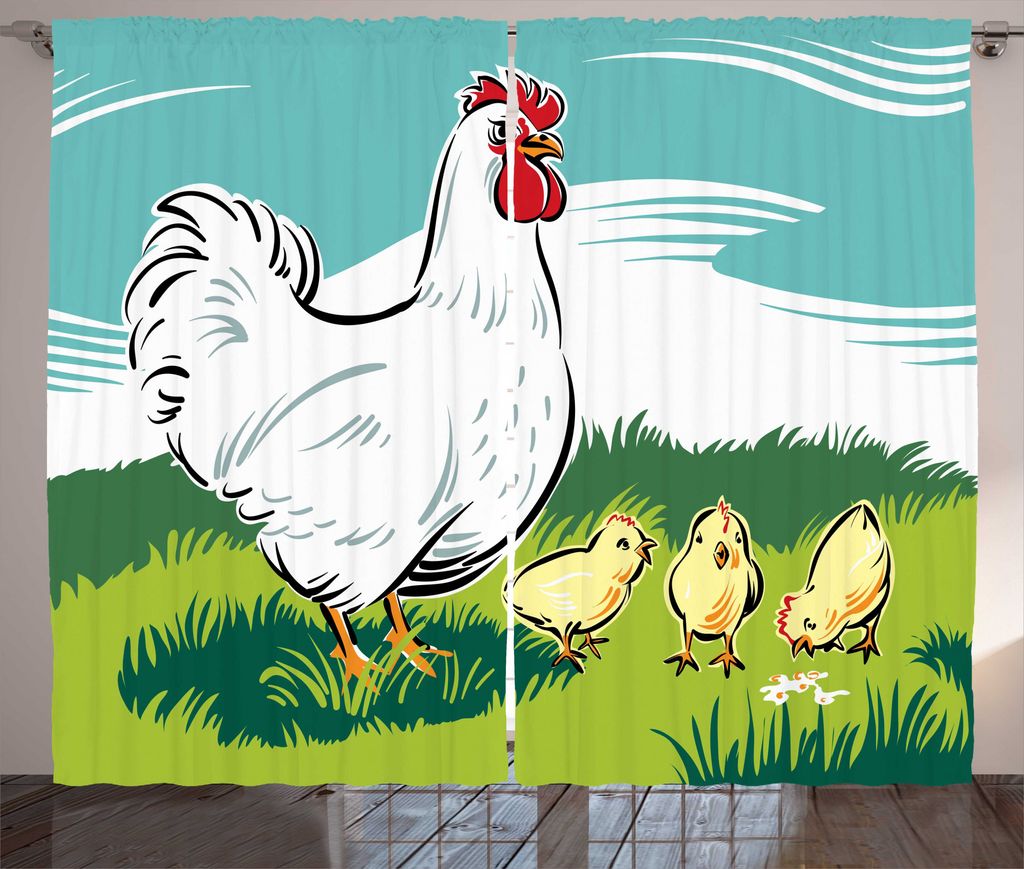 ABAKUHAUS Henne und Küken Rustikaler Gardine, Animal Cartoon, Schlafzimmer Kräuselband Vorhang mit Schlaufen und Haken, 280 x 225 cm, Mehrfarbig