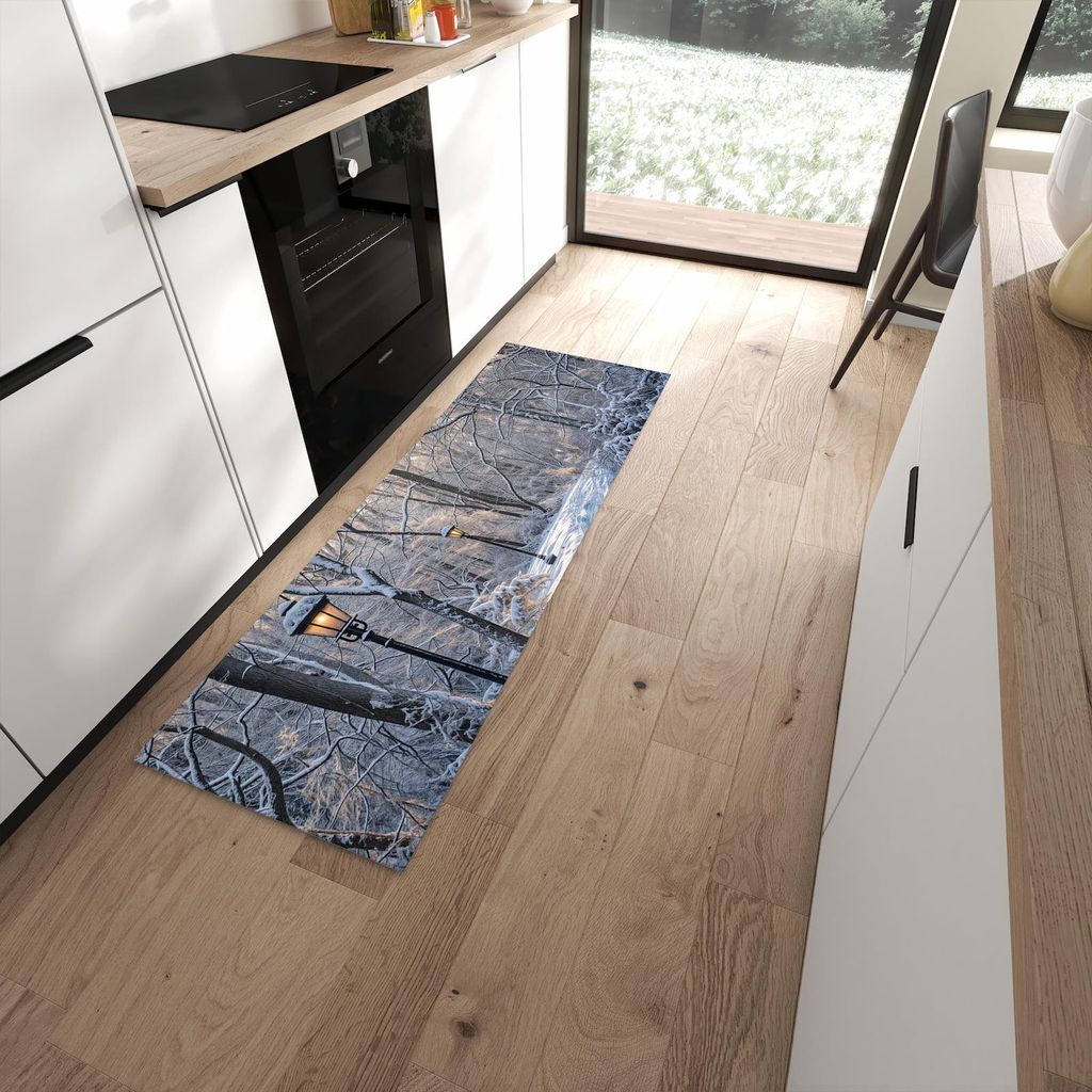 Küchenteppich 60x180cm rutschfest & abwischbar PVC Läufer - Verschneiter Waldweg