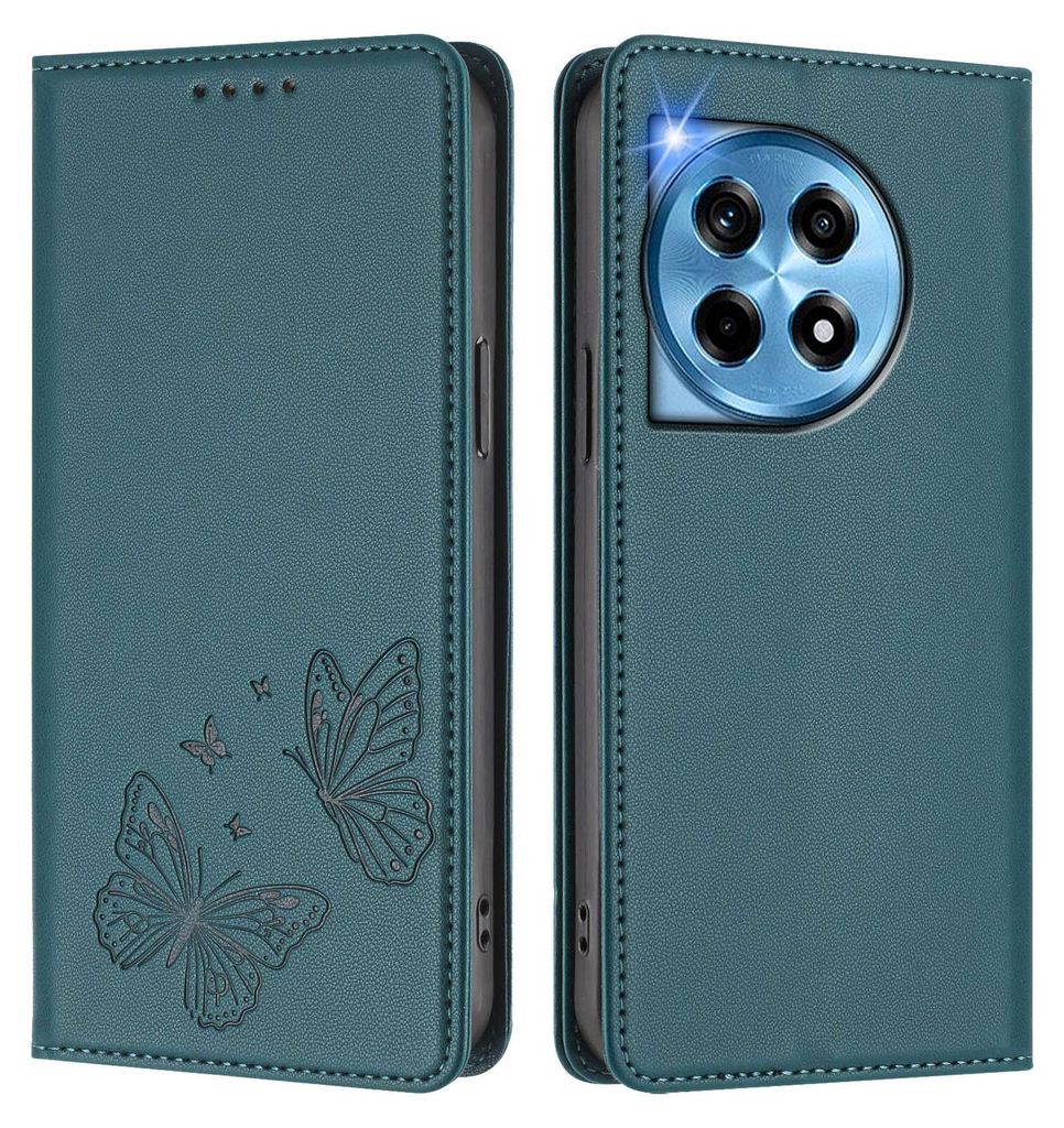 Lederhülle für OnePlus 12R, Schmetterling Prägung Leder Brieftasche Schutzhülle mit Ständer Grün