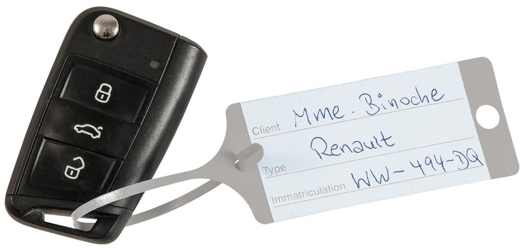 Schlüsselanhänger "Fix", mit Bedruckung, flache und schmale Schlaufe, mit Steckverschluss, in praktischer Spenderbox, 210 x 35 mm, Sprache Franz...